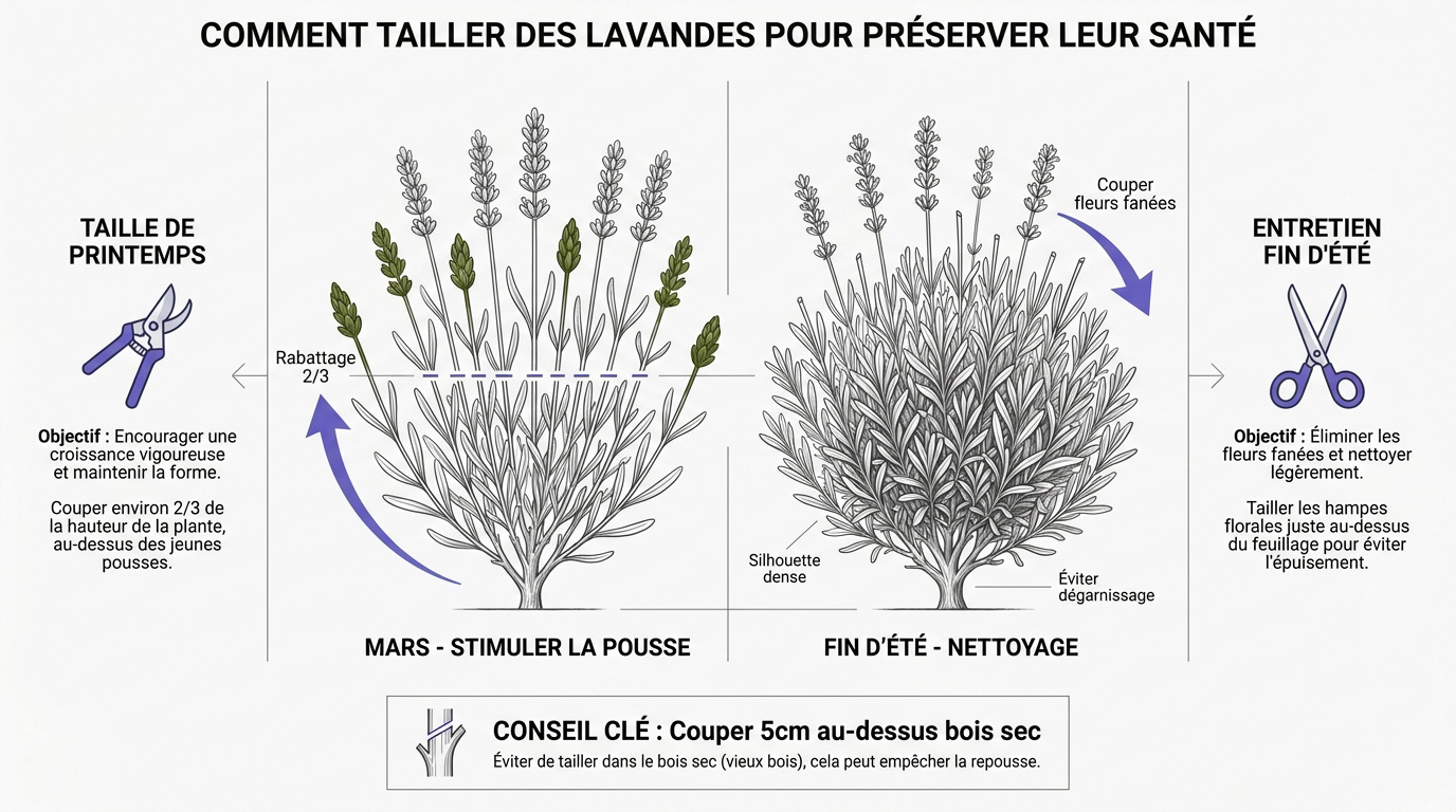 Illustration des étapes pour tailler des lavandes au printemps et en été