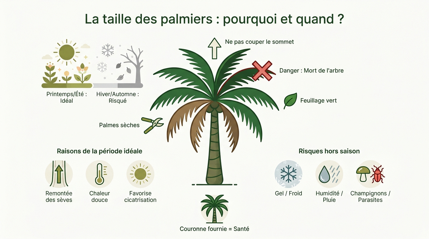 Entretien et taille des palmes sèches d'un palmier au jardin