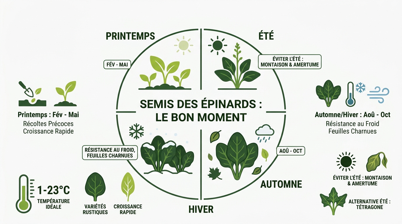 Tableau récapitulatif des périodes de semis pour les épinards au potager