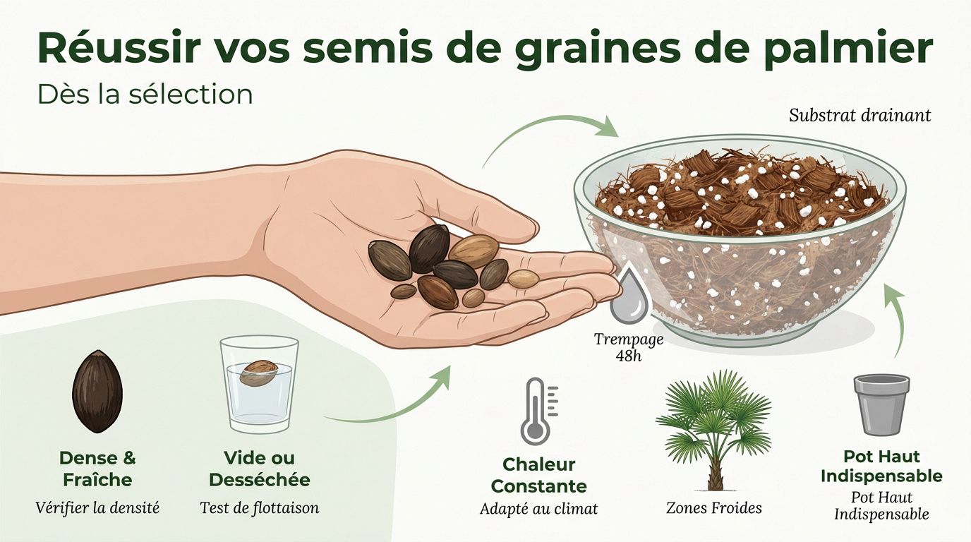 Préparation de graines de palmier pour le semis dans un substrat drainant