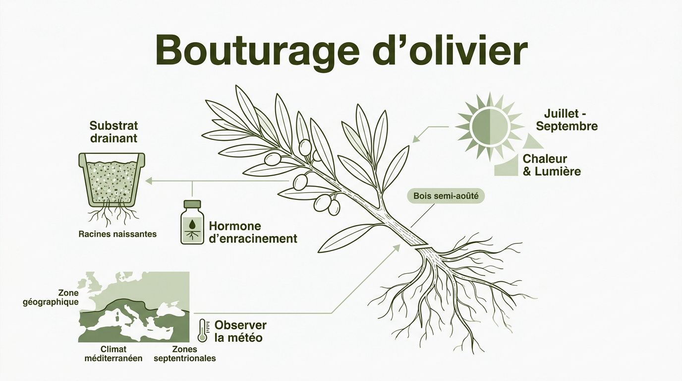 Infographie détaillant les étapes clés pour réussir le bouturage d'un olivier en été