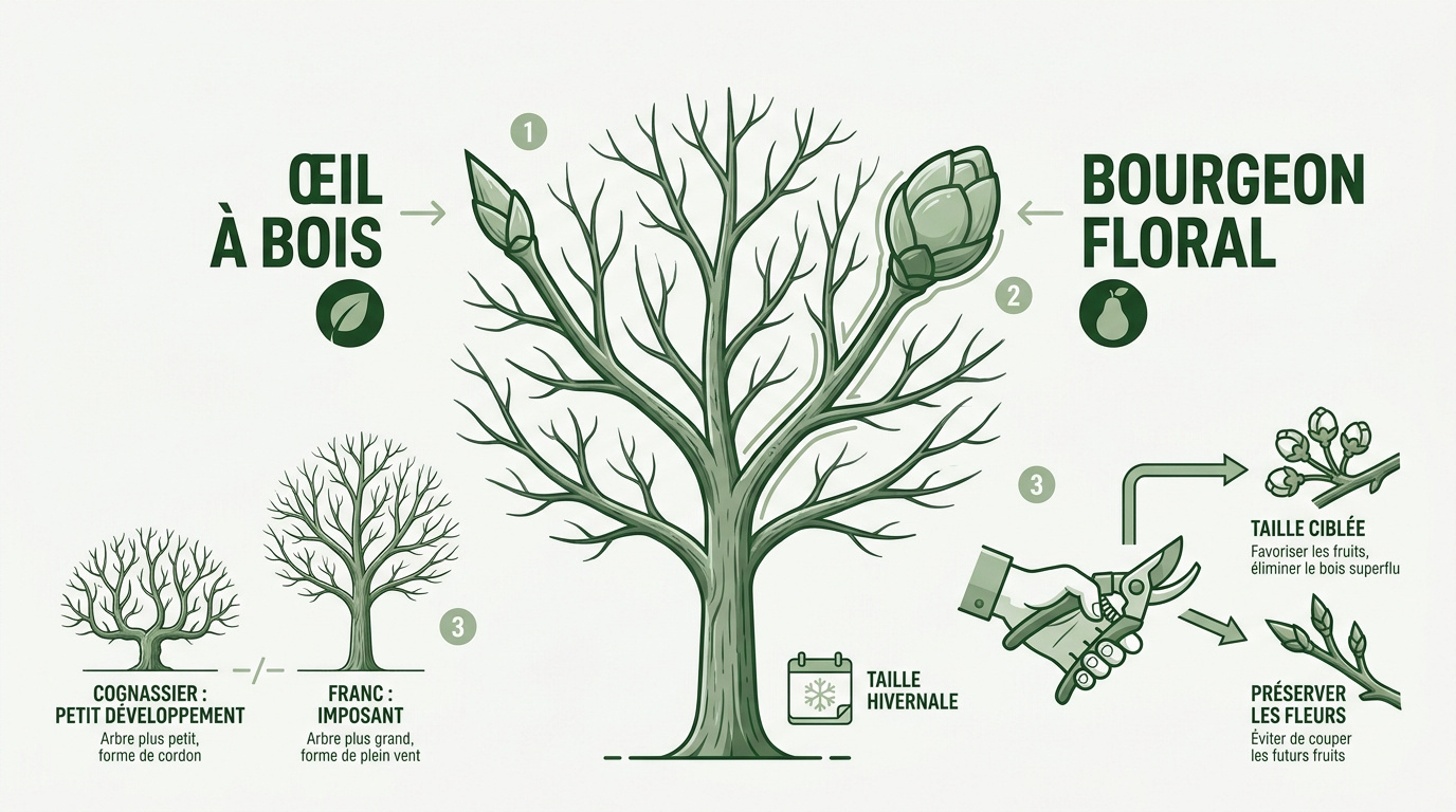 Infographie expliquant la taille du poirier pour optimiser la récolte de fruits