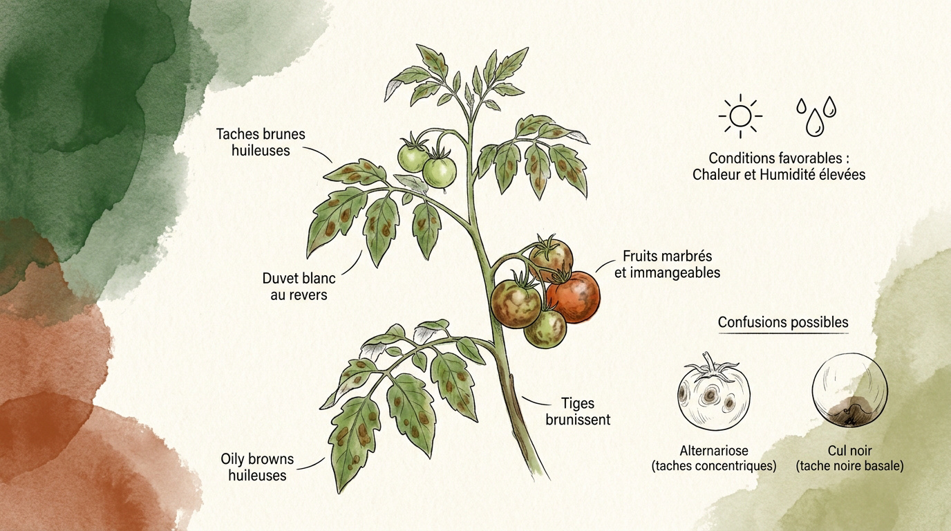 Feuillage de tomate atteint par des taches brunes de mildiou