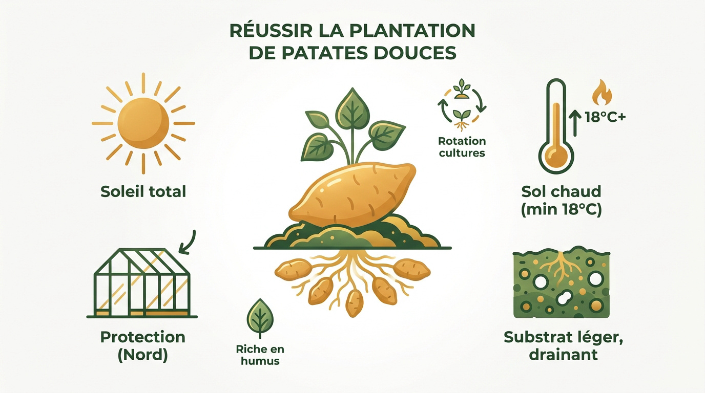 Plantation de jeunes pousses de patates douces dans un sol riche et ensoleillé