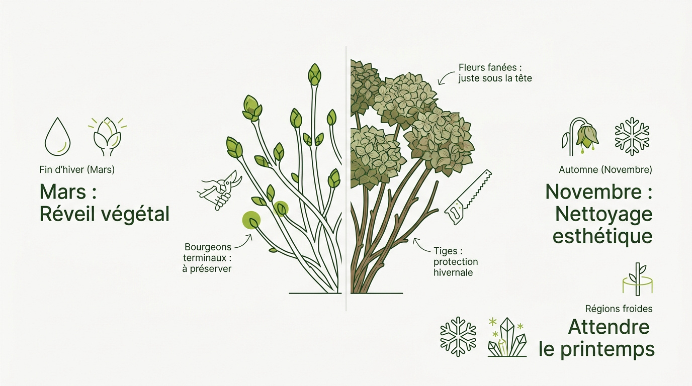 Comparaison visuelle de la taille des hortensias entre mars et novembre