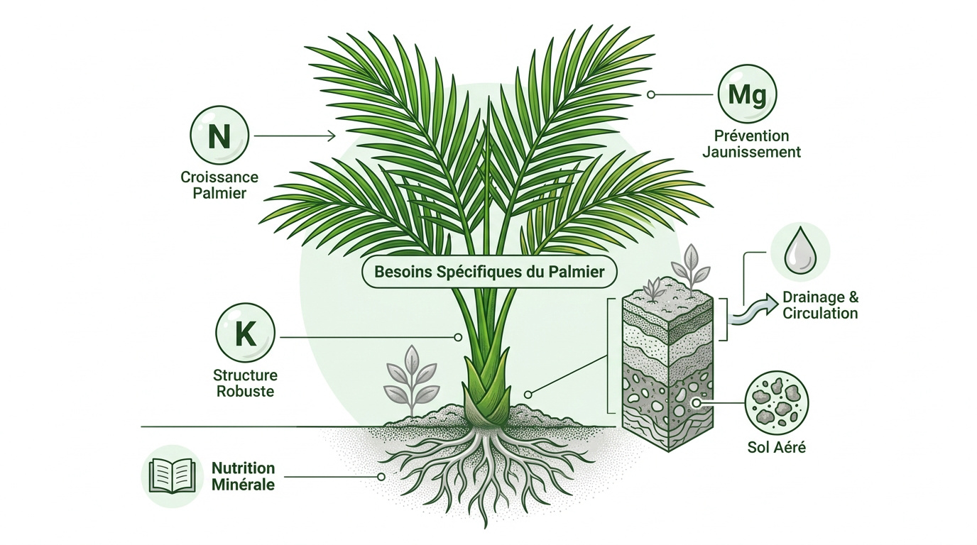 Palmier en pleine santé grâce à une fertilisation équilibrée et un sol drainant