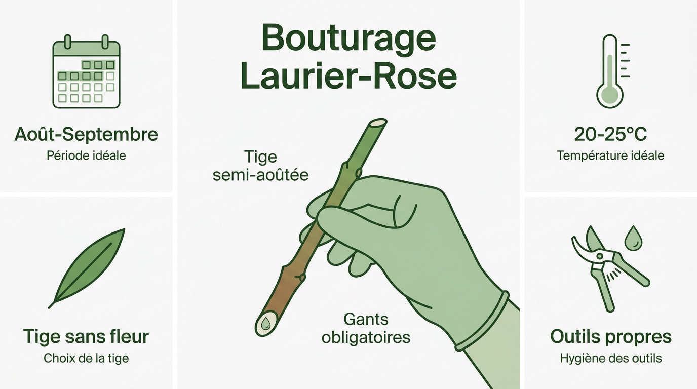 Préparation d'une bouture de laurier rose sur une table de jardinage