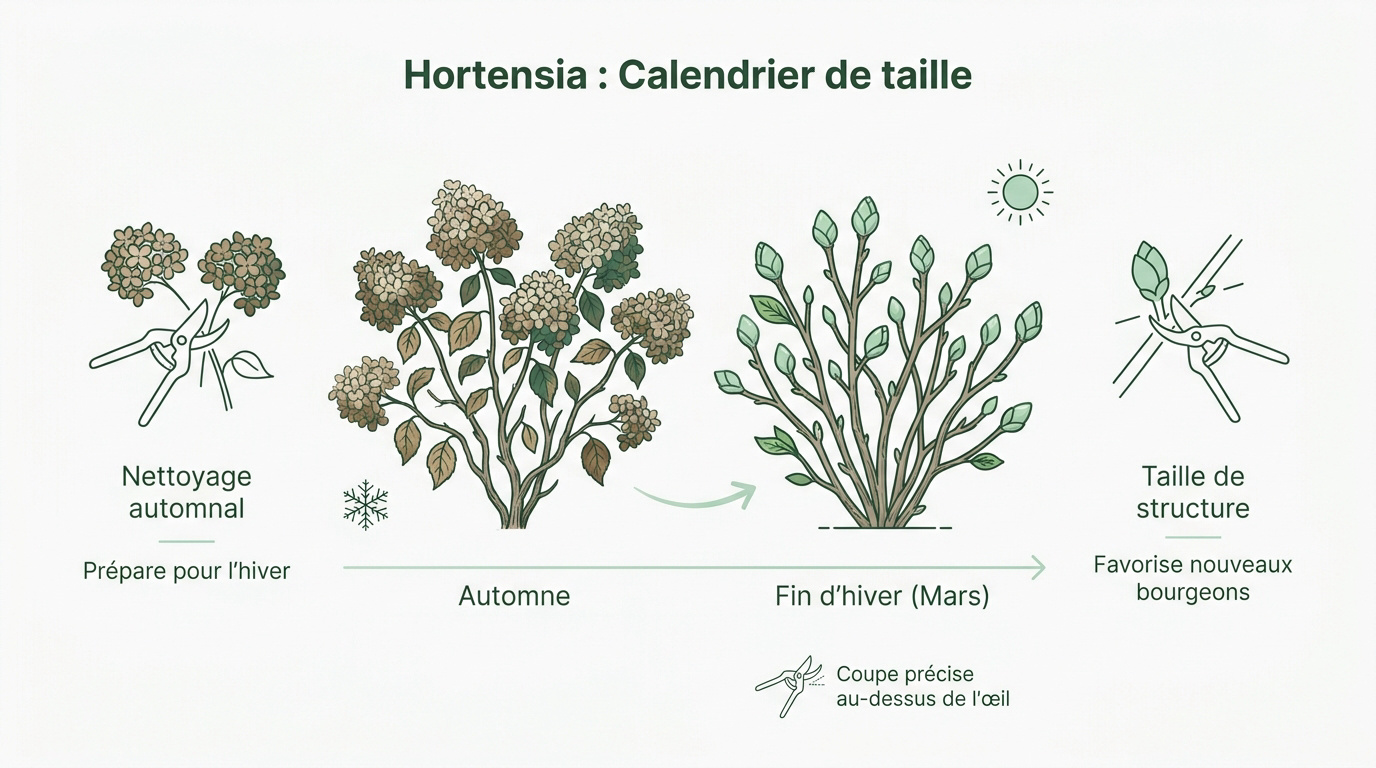 Calendrier illustré pour savoir quand tailler vos hortensias selon les saisons