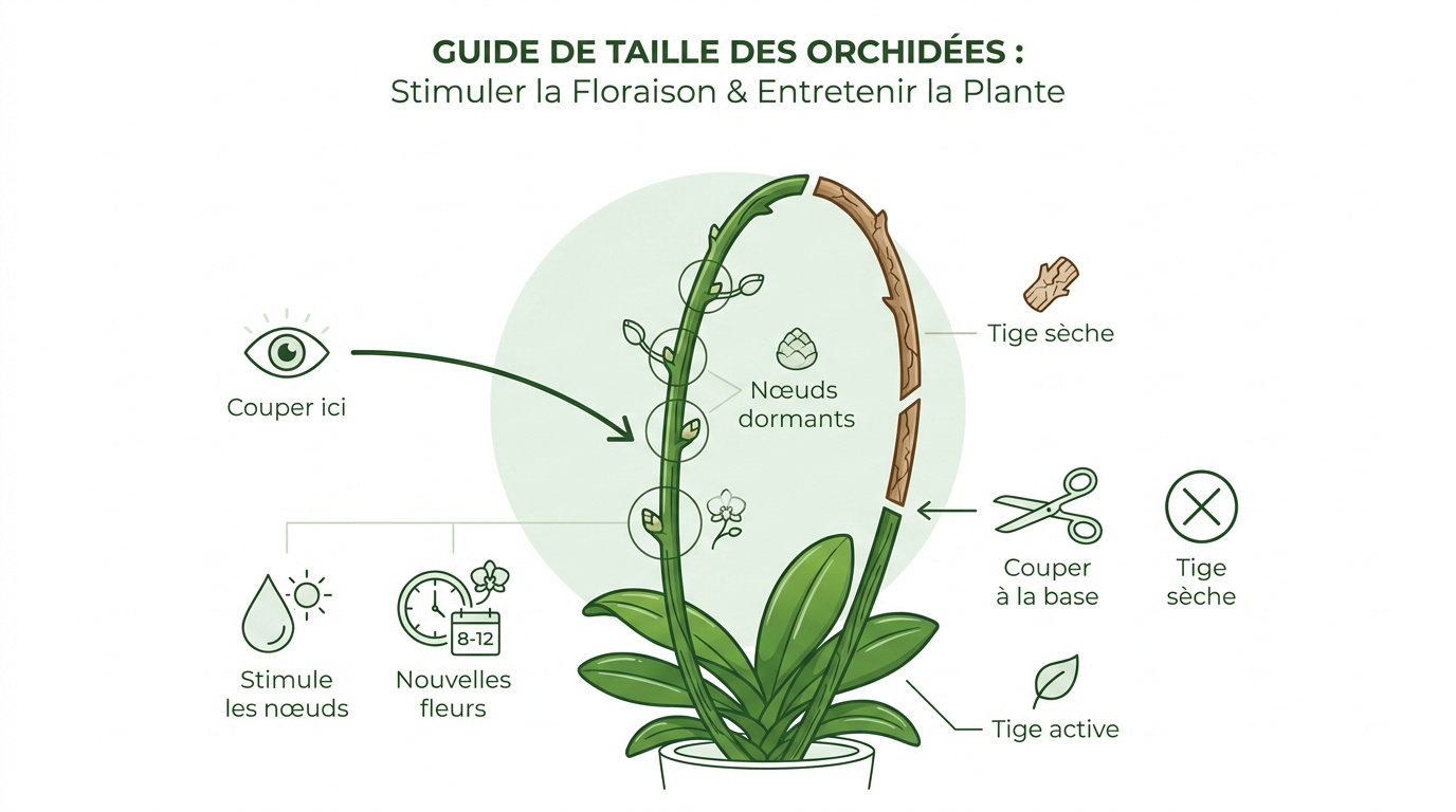 Schéma explicatif pour réussir la taille d'une orchidée après floraison
