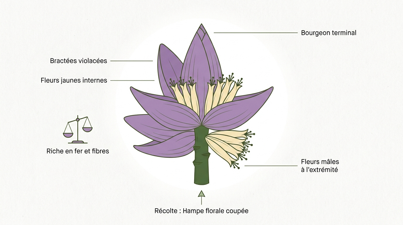 Détail des bractées violacées et des fleurs jaunes d'un bourgeon de bananier