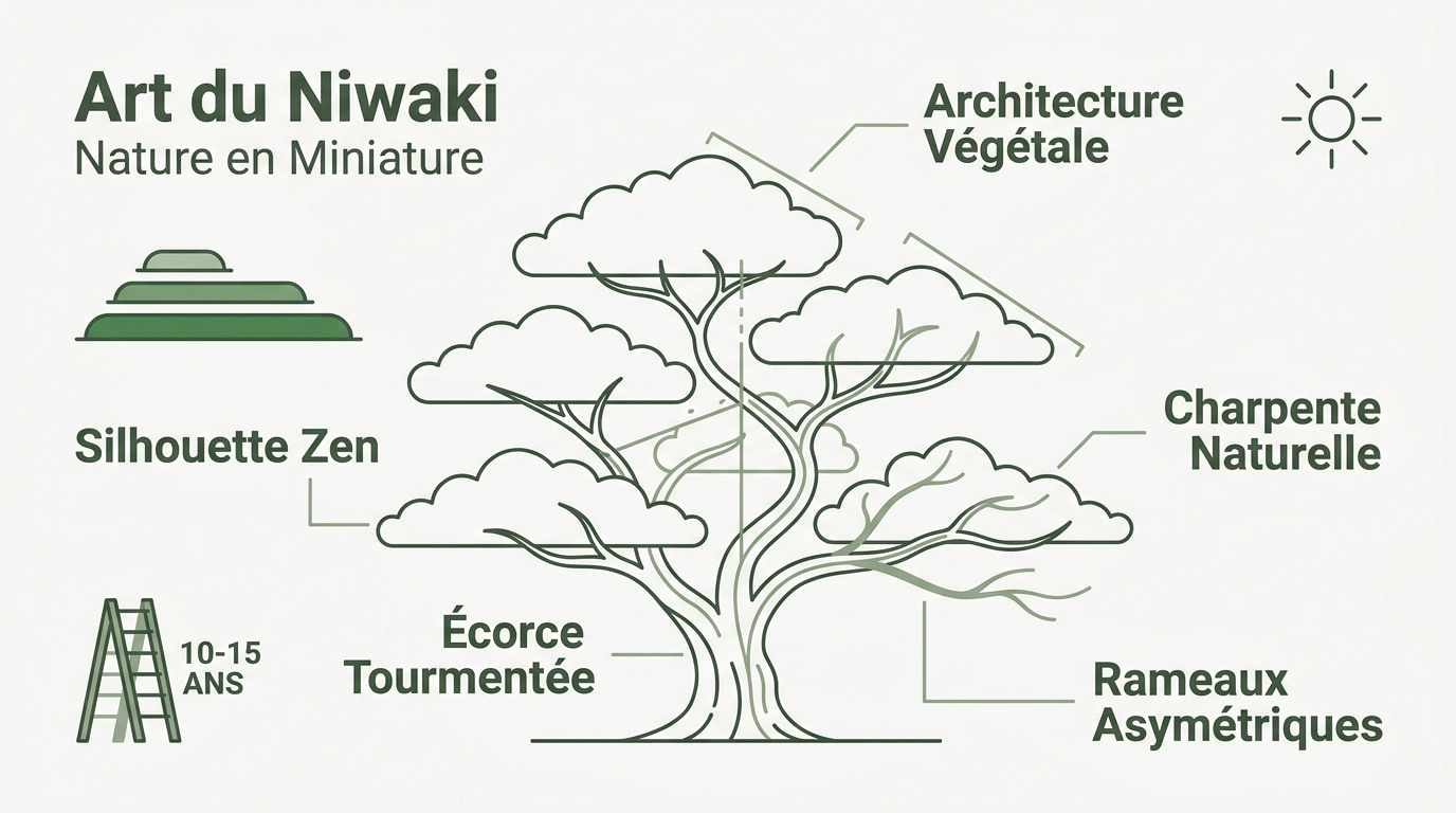 Olivier sculpté selon les principes du niwaki avec des plateaux de verdure étagés