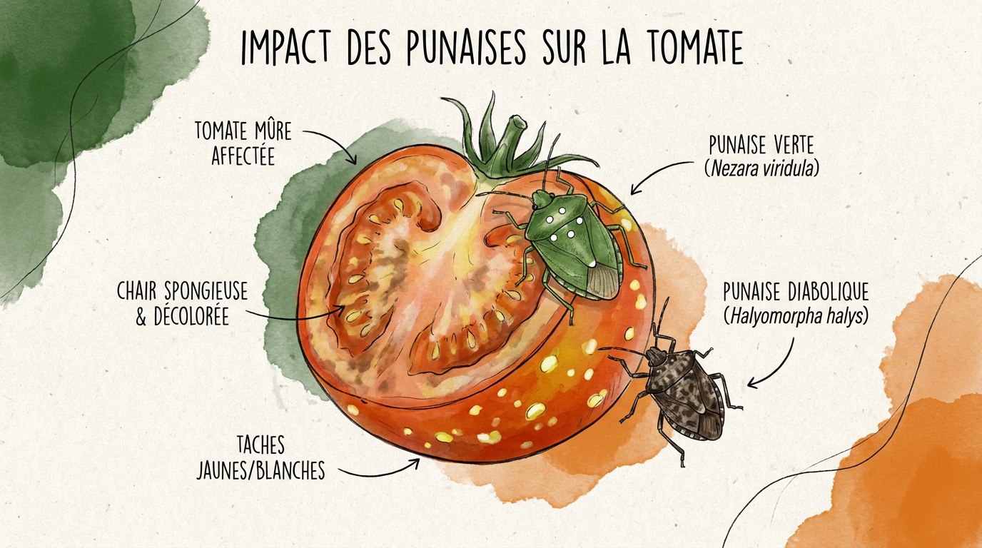Tomates mûres présentant des décolorations et des piqûres de punaises au potager