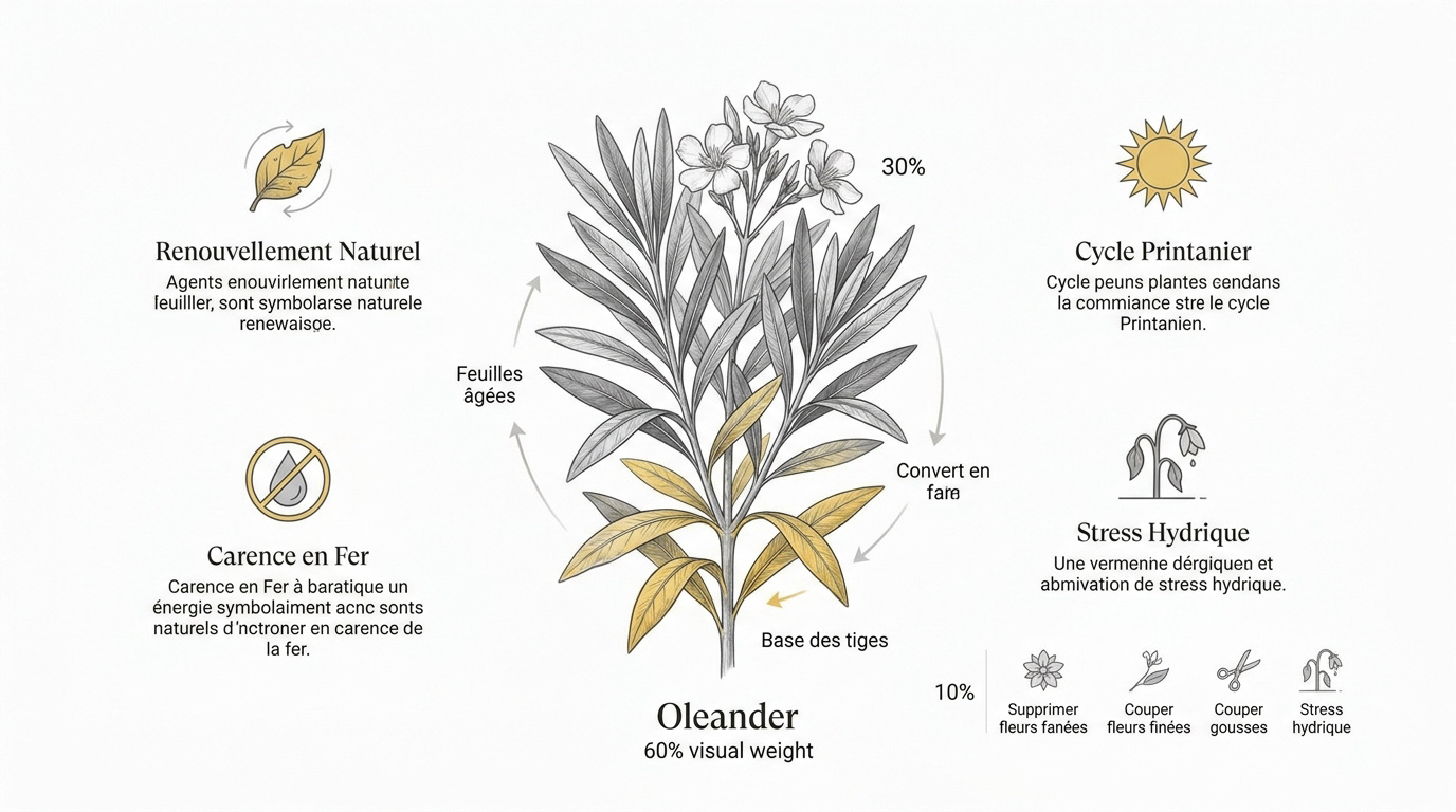 Infographie expliquant le cycle de vie et les conseils d'entretien du laurier rose