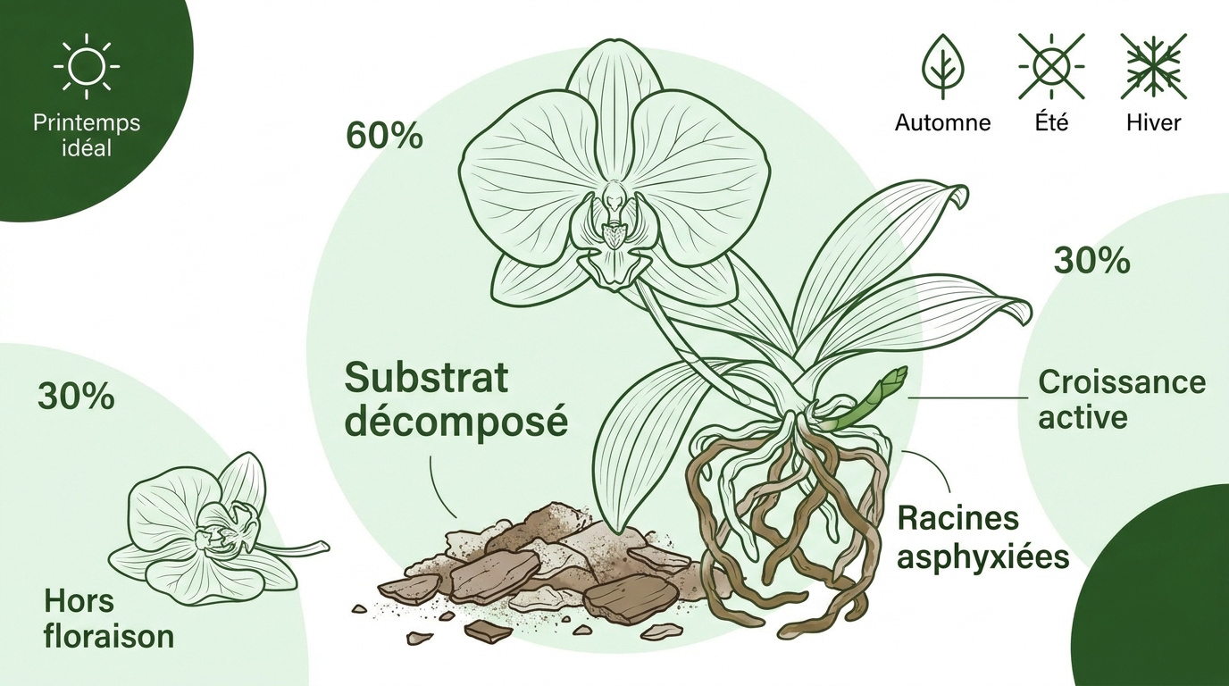 Infographie détaillant les étapes clés pour réussir le rempotage d'une orchidée