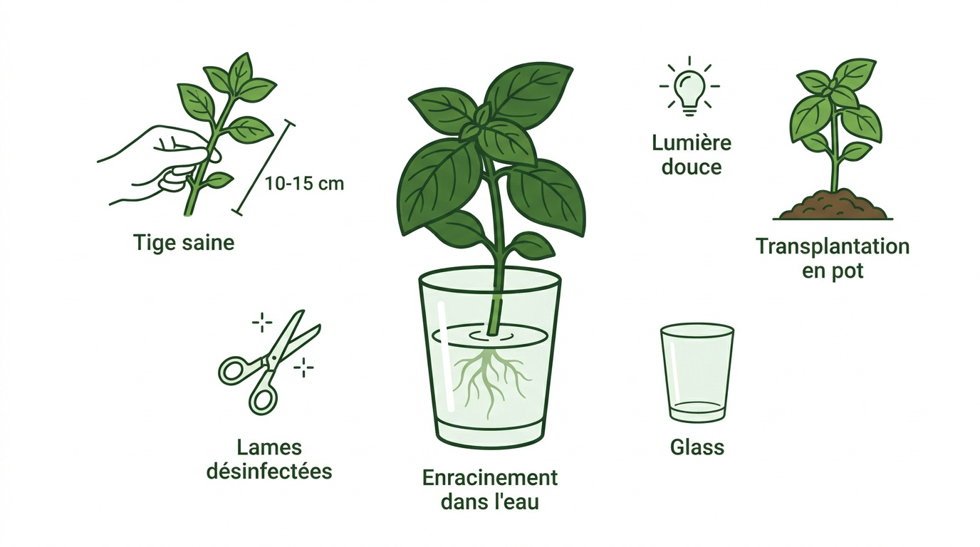 Préparation de boutures de basilic dans des verres d'eau pour enracinement
