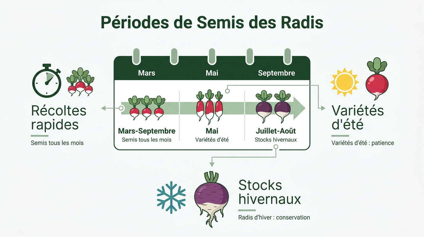 Calendrier visuel des périodes de semis pour les radis de printemps, d'été et d'hiver