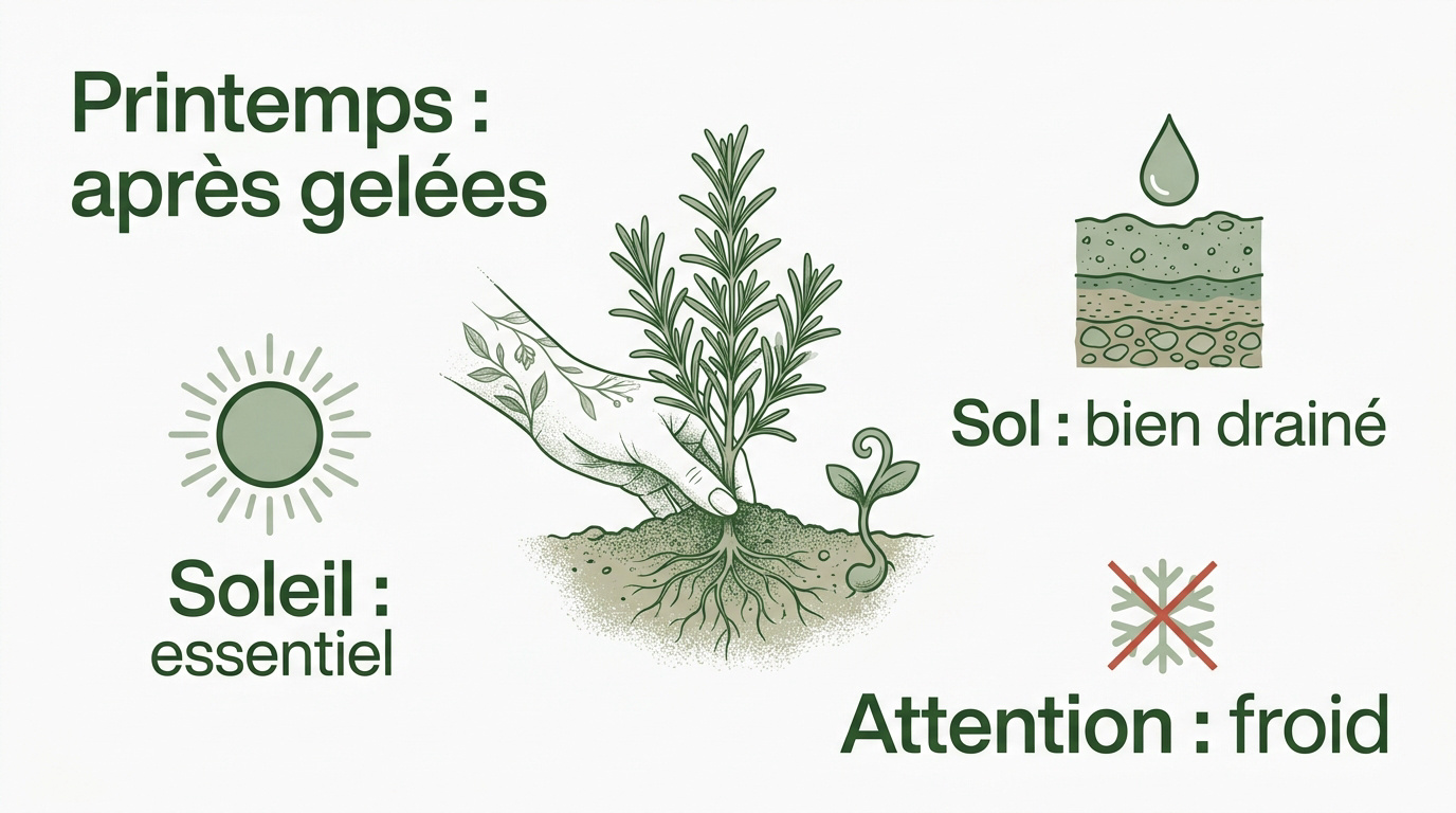 Plantation de romarin dans un sol drainé et ensoleillé