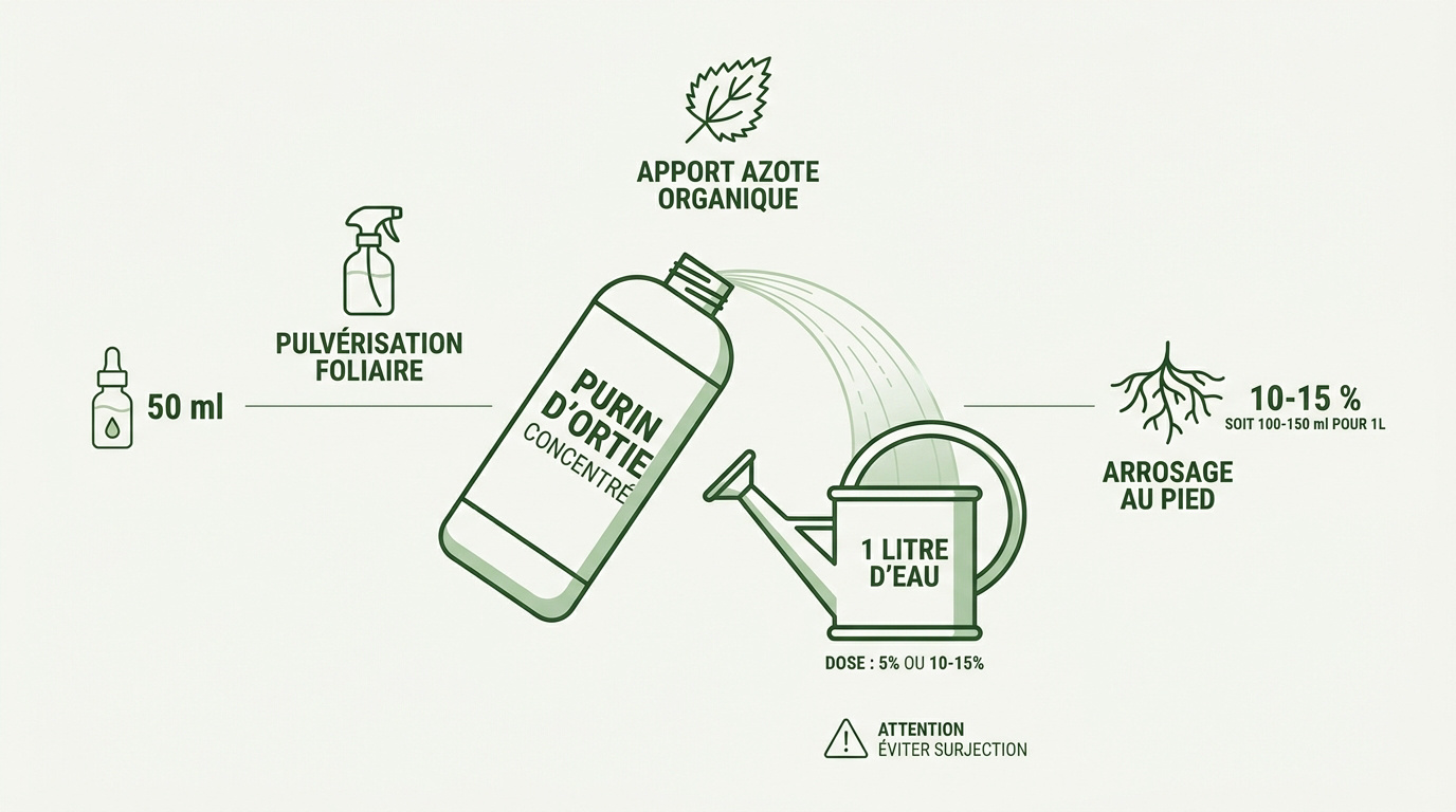 Préparation et dosage précis du purin d'ortie dans un arrosoir de jardin