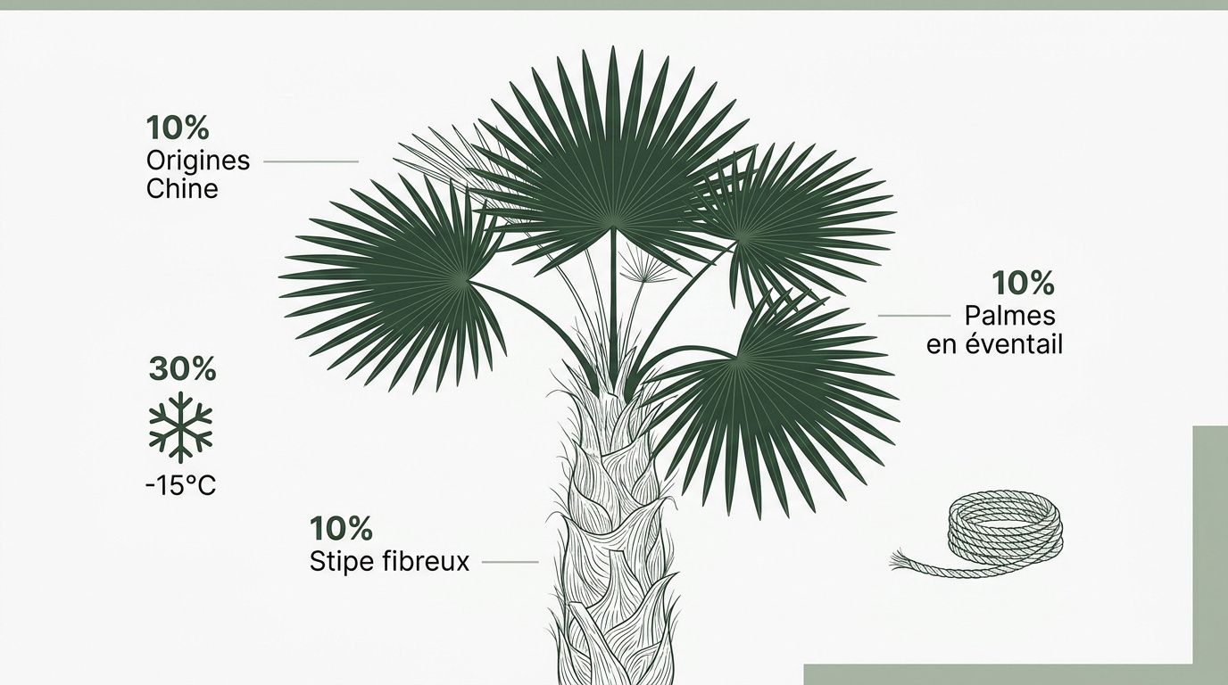 Trachycarpus fortunei avec son stipe fibreux et ses palmes en éventail dans un jardin